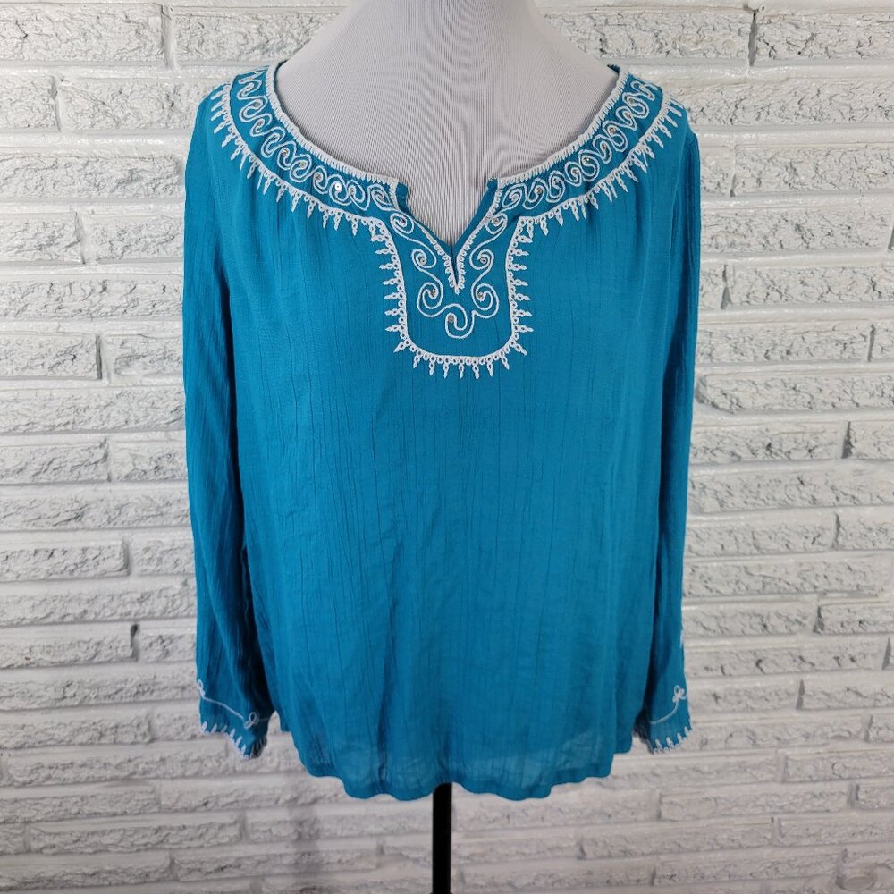 Alyx Womens Top XL Blue Sequin Embroidered Keyhole Blouse Long BLU283E